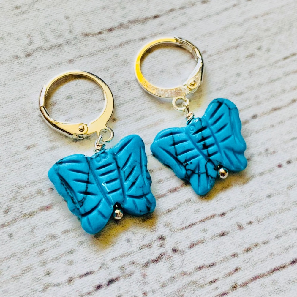 Blue Turquoise Butterfly Hoop Earrings